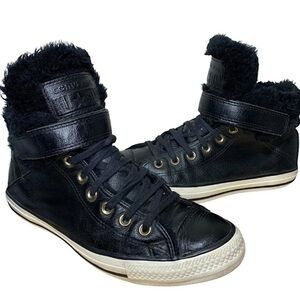 Converse Black Leather High-Tops Winter Boots Fleece Fur Lined Sz 9-9.5 Sneakers